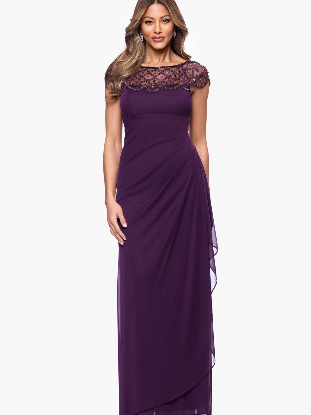 Xscape Khloe sheer matte jersey embellished ruffle Gown